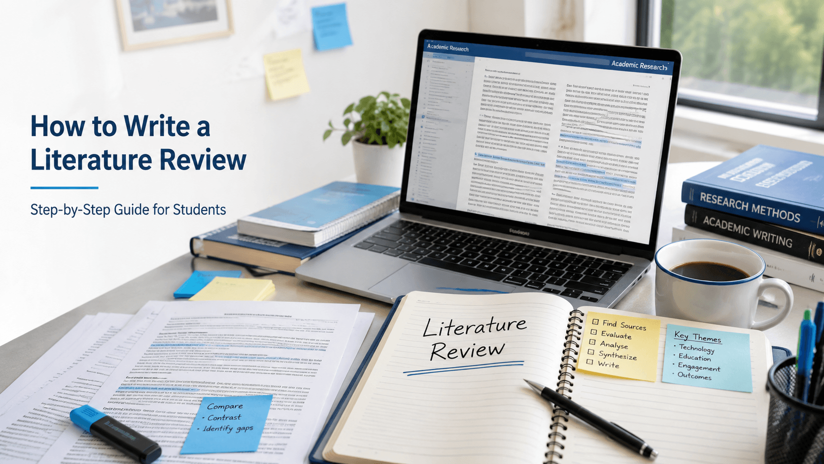 Student organizing academic journal articles and writing a literature review for a university research assignment.
